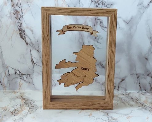 The Kerry Way county map laser-cut from plywood in 16x12cm frame - Kerry County outline with decorative banner text