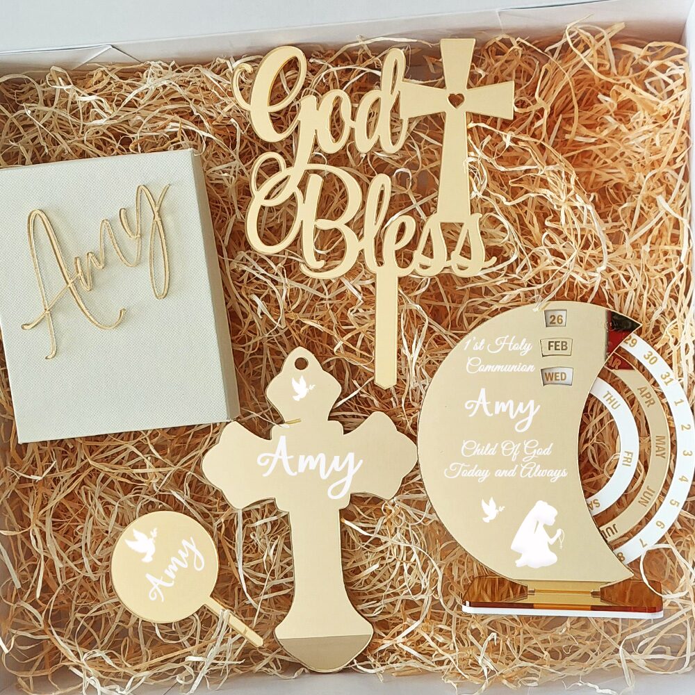 Elegant personalised gold acrylic First Holy Communion gift set featuring the name