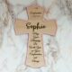 Personalised wooden cross with a pink acrylic border, engraved with the name Sophie, date, and a Confirmation blessing
