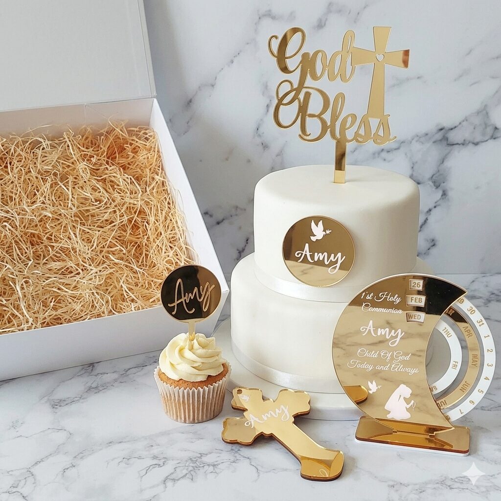 Elegant personalised gold acrylic First Holy Communion gift set featuring the name