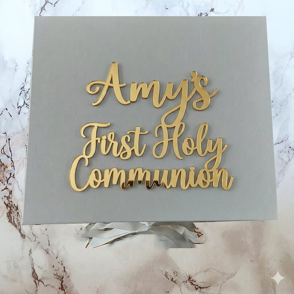 Elegant personalised gold acrylic First Holy Communion gift set featuring the name